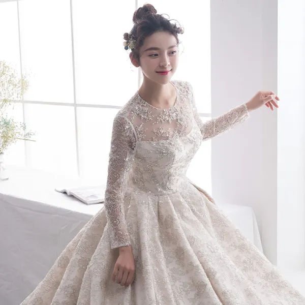 Luxury / Gorgeous Champagne See-through Wedding Dresses 2019 A-Line / Princess Scoop Neck Long Sleeve Backless Beading Cathedral Train Ruffle