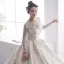 Luxury / Gorgeous Champagne See-through Wedding Dresses 2019 A-Line / Princess Scoop Neck Long Sleeve Backless Beading Cathedral Train Ruffle