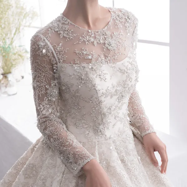 Luxury / Gorgeous Champagne See-through Wedding Dresses 2019 A-Line / Princess Scoop Neck Long Sleeve Backless Beading Cathedral Train Ruffle