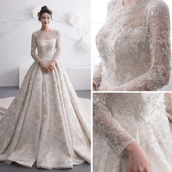 Luxury / Gorgeous Champagne See-through Wedding Dresses 2019 A-Line / Princess Scoop Neck Long Sleeve Backless Beading Cathedral Train Ruffle
