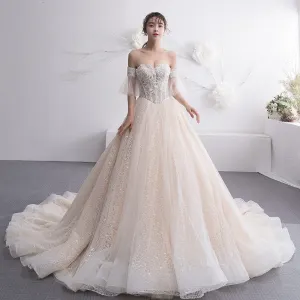 Élégant Champagne Robe De Mariée 2019 Princesse De L Épaule 1 2 Manches Dos Nu Perlage Perle Chapel Train Volants