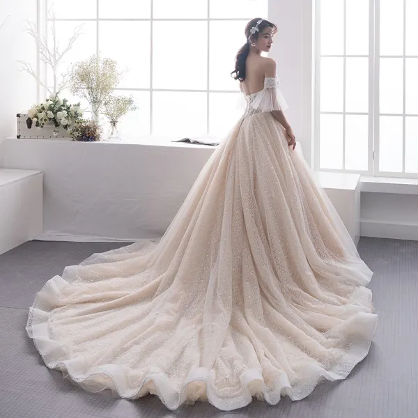 Elegant Champagne Wedding Dresses 2019 A-Line / Princess Off-The-Shoulder 1/2 Sleeves Backless Beading Pearl Chapel Train Ruffle