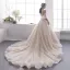 Elegant Champagne Wedding Dresses 2019 A-Line / Princess Off-The-Shoulder 1/2 Sleeves Backless Beading Pearl Chapel Train Ruffle