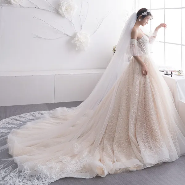 Elegant Champagne Wedding Dresses 2019 A-Line / Princess Off-The-Shoulder 1/2 Sleeves Backless Beading Pearl Chapel Train Ruffle