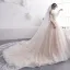 Elegant Champagne Wedding Dresses 2019 A-Line / Princess Off-The-Shoulder 1/2 Sleeves Backless Beading Pearl Chapel Train Ruffle