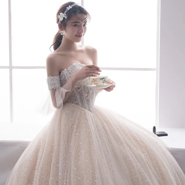 Elegant Champagne Wedding Dresses 2019 A-Line / Princess Off-The-Shoulder 1/2 Sleeves Backless Beading Pearl Chapel Train Ruffle