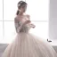 Elegant Champagne Wedding Dresses 2019 A-Line / Princess Off-The-Shoulder 1/2 Sleeves Backless Beading Pearl Chapel Train Ruffle
