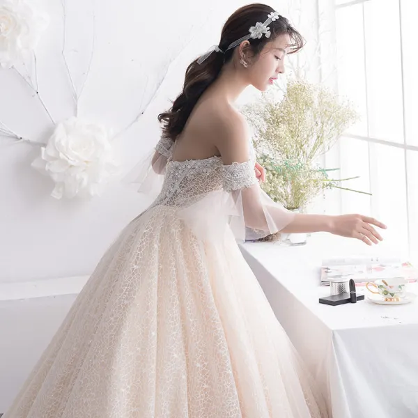 Elegant Champagne Wedding Dresses 2019 A-Line / Princess Off-The-Shoulder 1/2 Sleeves Backless Beading Pearl Chapel Train Ruffle