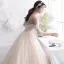Elegant Champagne Wedding Dresses 2019 A-Line / Princess Off-The-Shoulder 1/2 Sleeves Backless Beading Pearl Chapel Train Ruffle