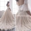 Elegant Champagne Wedding Dresses 2019 A-Line / Princess Off-The-Shoulder 1/2 Sleeves Backless Beading Pearl Chapel Train Ruffle