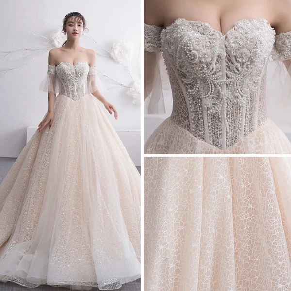 Elegant Champagne Wedding Dresses 2019 A-Line / Princess Off-The-Shoulder 1/2 Sleeves Backless Beading Pearl Chapel Train Ruffle