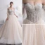 Elegant Champagne Wedding Dresses 2019 A-Line / Princess Off-The-Shoulder 1/2 Sleeves Backless Beading Pearl Chapel Train Ruffle