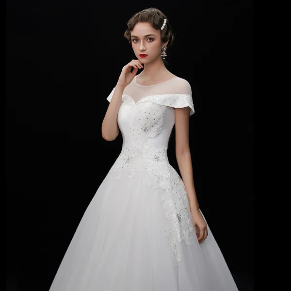 Vintage / Retro Ivory See-through Wedding Dresses 2019 A-Line / Princess Scoop Neck Short Sleeve Appliques Lace Sequins Beading Floor-Length / Long Ruffle