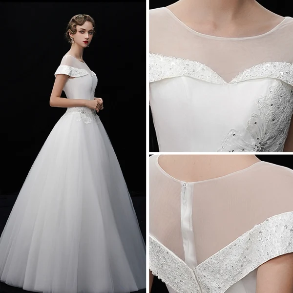 Vintage / Retro Ivory See-through Wedding Dresses 2019 A-Line / Princess Scoop Neck Short Sleeve Appliques Lace Sequins Beading Floor-Length / Long Ruffle