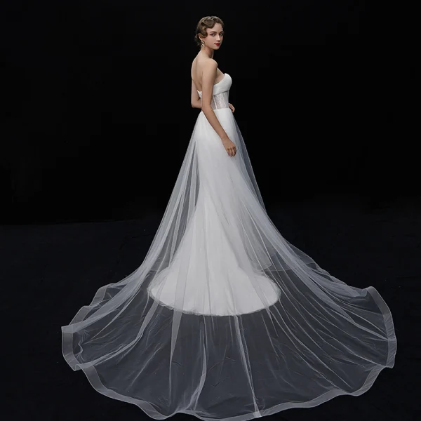 Glamour Ivoire Transparentes Robe De Mariée 2019 Trompette / Sirène Bustier Sans Manches Dos Nu Chapel Train Volants