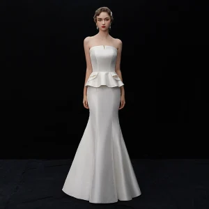 Modest Simple Ivory Satin Wedding Dresses 2019 Trumpet Mermaid Strapless Sleeveless Backless Floor Length Long Ruffle