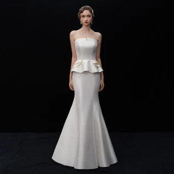 Simple Ivoire Satin Robe De Mariée 2019 Trompette Sirène Bustier Sans Manches Dos Nu Longue Volants