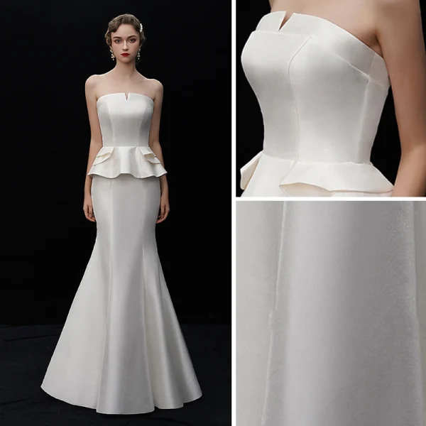 Schlicht Ivory / Creme Satin Brautkleider / Hochzeitskleider 2019 Meerjungfrau Bandeau Ärmellos Rückenfreies Lange Rüschen