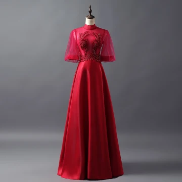 Vintage Burgundy See Through Prom Dresses 2018 A Line Princess High Neck 1 2 Sleeves Appliques Lace Beading Floor Length Long Ruffle Backless Formal Dresses