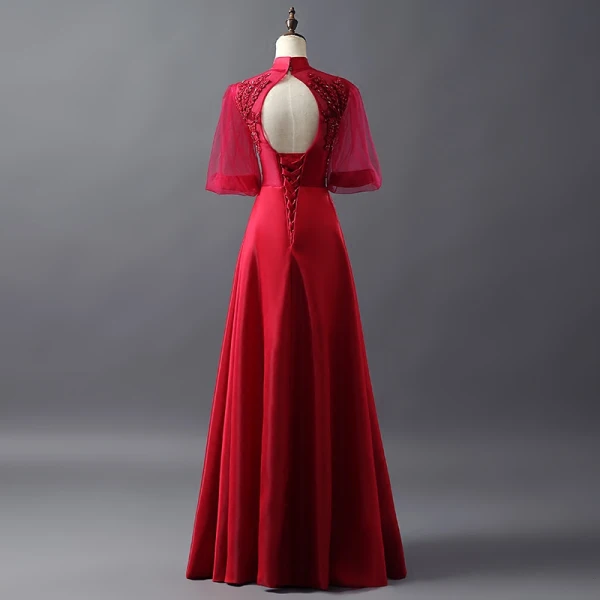 Vintage Burgundy See-through Prom Dresses 2018 A-Line / Princess High Neck 1/2 Sleeves Appliques Lace Beading Floor-Length / Long Ruffle Backless Formal Dresses
