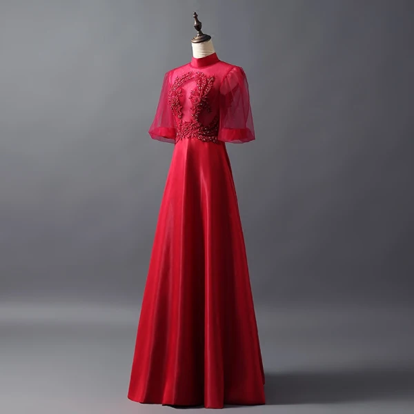 Vintage Burgundy See-through Prom Dresses 2018 A-Line / Princess High Neck 1/2 Sleeves Appliques Lace Beading Floor-Length / Long Ruffle Backless Formal Dresses