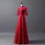 Vintage Burgundy See-through Prom Dresses 2018 A-Line / Princess High Neck 1/2 Sleeves Appliques Lace Beading Floor-Length / Long Ruffle Backless Formal Dresses