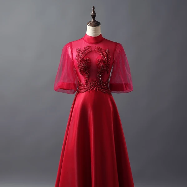 Vintage Burgundy See-through Prom Dresses 2018 A-Line / Princess High Neck 1/2 Sleeves Appliques Lace Beading Floor-Length / Long Ruffle Backless Formal Dresses