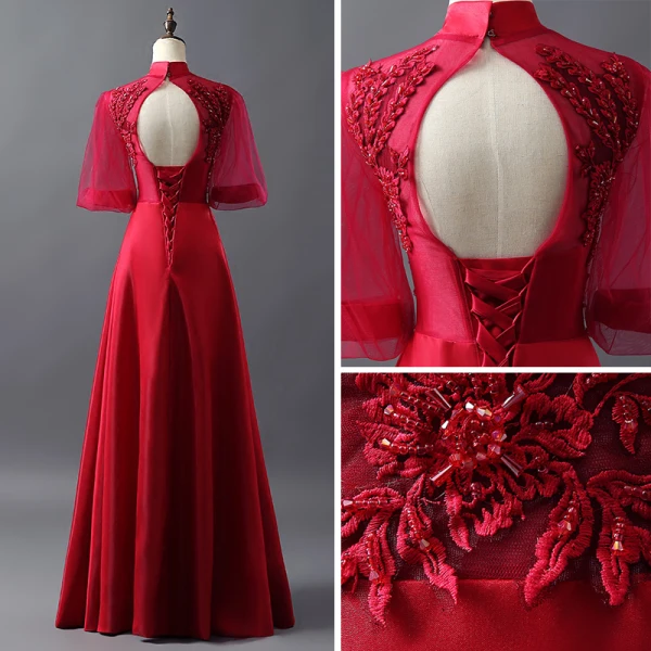 Vintage Burgundy See-through Prom Dresses 2018 A-Line / Princess High Neck 1/2 Sleeves Appliques Lace Beading Floor-Length / Long Ruffle Backless Formal Dresses