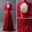 Vintage Burgundy See-through Prom Dresses 2018 A-Line / Princess High Neck 1/2 Sleeves Appliques Lace Beading Floor-Length / Long Ruffle Backless Formal Dresses