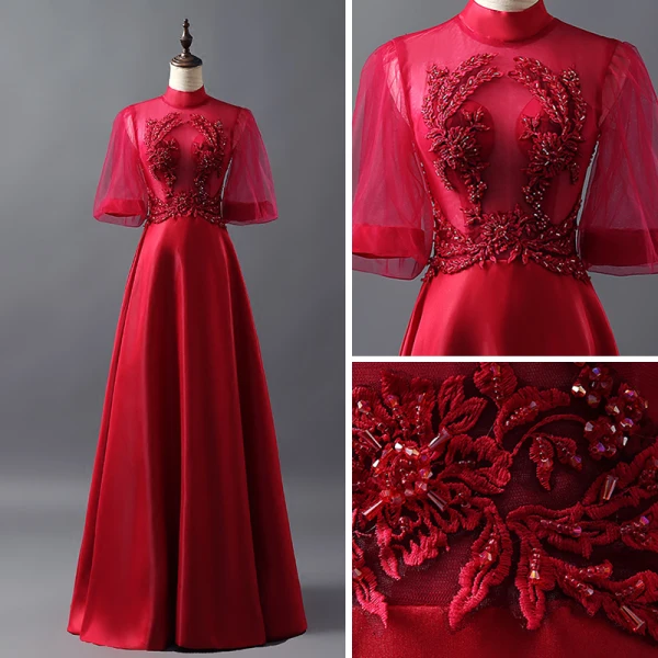 Vintage Burgundy See-through Prom Dresses 2018 A-Line / Princess High Neck 1/2 Sleeves Appliques Lace Beading Floor-Length / Long Ruffle Backless Formal Dresses