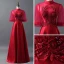 Vintage Burgundy See-through Prom Dresses 2018 A-Line / Princess High Neck 1/2 Sleeves Appliques Lace Beading Floor-Length / Long Ruffle Backless Formal Dresses