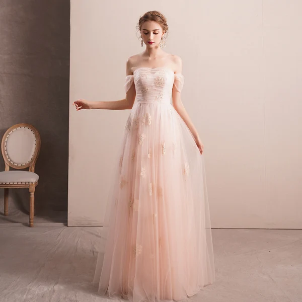 Elegant Pearl Pink Evening Dresses 2019 A-Line / Princess Off-The-Shoulder Short Sleeve Appliques Lace Rhinestone Floor-Length / Long Ruffle Backless Formal Dresses