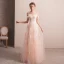 Elegant Pearl Pink Evening Dresses  2019 A-Line / Princess Off-The-Shoulder Short Sleeve Appliques Lace Rhinestone Floor-Length / Long Ruffle Backless Formal Dresses