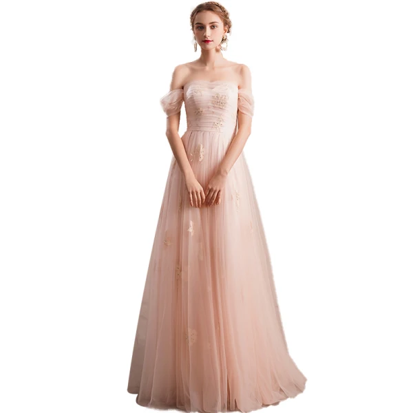 Elegant Pearl Pink Evening Dresses 2019 A-Line / Princess Off-The-Shoulder Short Sleeve Appliques Lace Rhinestone Floor-Length / Long Ruffle Backless Formal Dresses