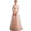 Elegant Pearl Pink Evening Dresses  2019 A-Line / Princess Off-The-Shoulder Short Sleeve Appliques Lace Rhinestone Floor-Length / Long Ruffle Backless Formal Dresses