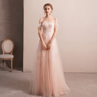 Élégant Perle Rose Robe De Soirée 2019 Princesse De L Épaule Manches Courtes Appliques En Dentelle Faux Diamant Longue Volants Dos Nu Robe De Ceremonie