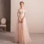 Elegant Pearl Pink Evening Dresses  2019 A-Line / Princess Off-The-Shoulder Short Sleeve Appliques Lace Rhinestone Floor-Length / Long Ruffle Backless Formal Dresses