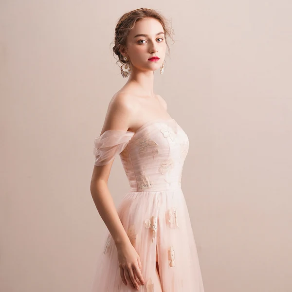 Elegant Pearl Pink Evening Dresses 2019 A-Line / Princess Off-The-Shoulder Short Sleeve Appliques Lace Rhinestone Floor-Length / Long Ruffle Backless Formal Dresses