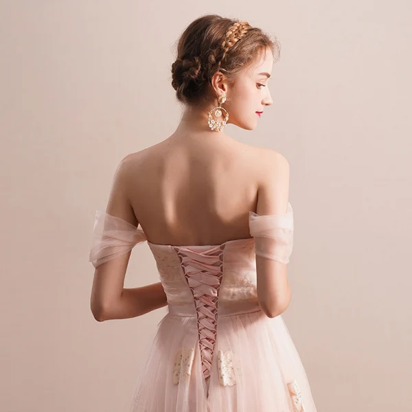 Elegant Pearl Pink Evening Dresses 2019 A-Line / Princess Off-The-Shoulder Short Sleeve Appliques Lace Rhinestone Floor-Length / Long Ruffle Backless Formal Dresses