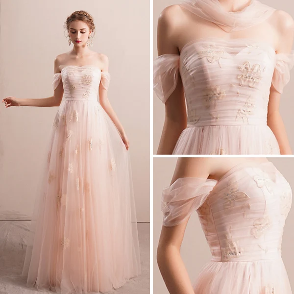 Elegant Pearl Pink Evening Dresses 2019 A-Line / Princess Off-The-Shoulder Short Sleeve Appliques Lace Rhinestone Floor-Length / Long Ruffle Backless Formal Dresses