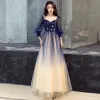 Elegant Navy Blue Gradient-Color Prom Dresses 2019 A-Line / Princess Square Neckline Puffy 3/4 Sleeve Sequins Floor-Length / Long Ruffle Backless Formal Dresses