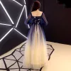 Elegant Navy Blue Gradient-Color Prom Dresses 2019 A-Line / Princess Square Neckline Puffy 3/4 Sleeve Sequins Floor-Length / Long Ruffle Backless Formal Dresses