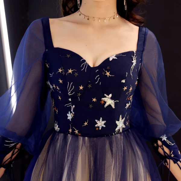 Elegante Marineblau Farbverlauf Ballkleider 2019 A Linie Eckiger Ausschnitt Geschwollenes 3/4 Ärmel Pailletten Lange Rüschen Rückenfreies Festliche Kleider