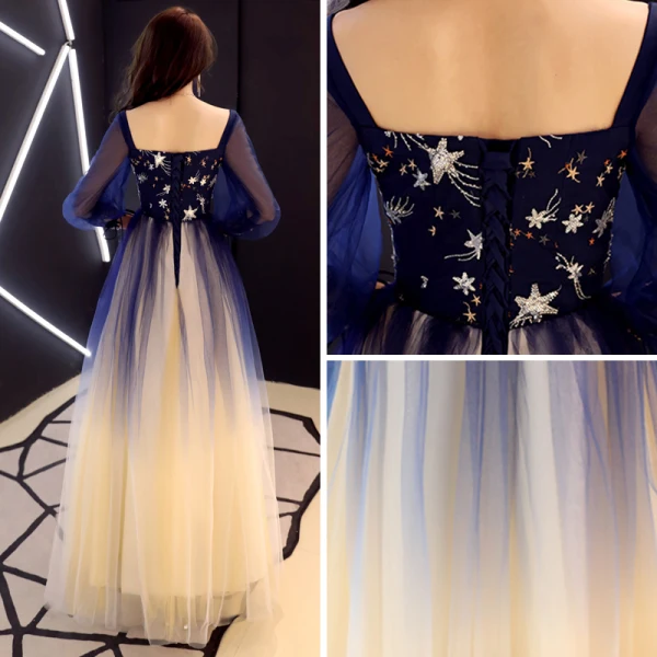 Elegante Marineblau Farbverlauf Ballkleider 2019 A Linie Eckiger Ausschnitt Geschwollenes 3/4 Ärmel Pailletten Lange Rüschen Rückenfreies Festliche Kleider