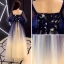 Elegante Marineblau Farbverlauf Ballkleider 2019 A Linie Eckiger Ausschnitt Geschwollenes 3/4 Ärmel Pailletten Lange Rüschen Rückenfreies Festliche Kleider