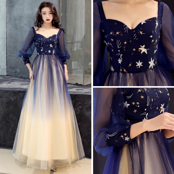Elegante Marineblau Farbverlauf Ballkleider 2019 A Linie Eckiger Ausschnitt Geschwollenes 3/4 Ärmel Pailletten Lange Rüschen Rückenfreies Festliche Kleider