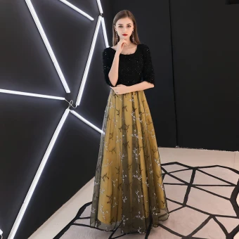 Chic Belle Noire Robe De Soirée 2019 Princesse Encolure Dégagée 1 2 Manches Appliques En Dentelle Glitter Paillettes Noeud Ceinture Longue Volants Robe De Ceremonie