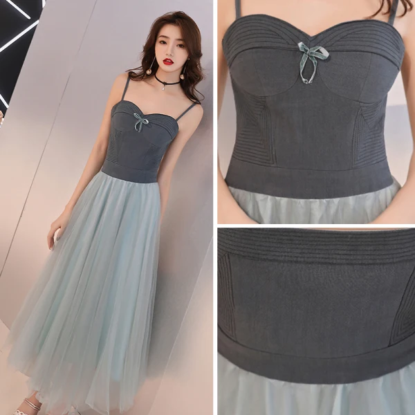 Affordable Ink Blue Homecoming Graduation Dresses 2019 A-Line / Princess Spaghetti Straps Sleeveless Tea-length Ruffle Backless Formal Dresses
