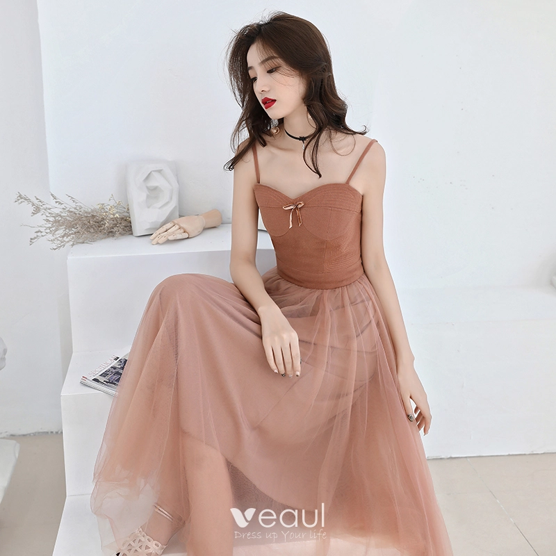 Affordable Orange Homecoming Graduation Dresses 2019 A Line Princess Spaghetti Straps Sleeveless Tea length Ruffle Backless Formal Dresses