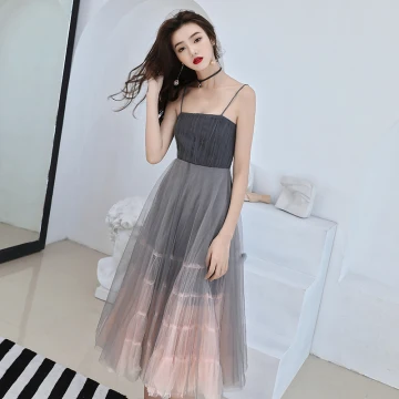 Modest Simple Grey Gradient Color Homecoming Graduation Dresses 2019 A Line Princess Spaghetti Straps Sleeveless Tea Length Ruffle Backless Formal Dresses